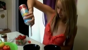 Crazy Chick Candy Kiss Fucks Her Pussy With Banana Covered With Whipped Cream